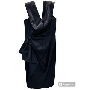 Maggy London Dark Blue Satin Elegant Dress Side Ruffle Knee Length Draped Neck